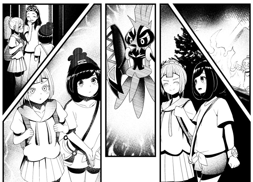 lillie, selene, tapu koko, hala, and alola mother (pokemon and 1 more) drawn by notori_d