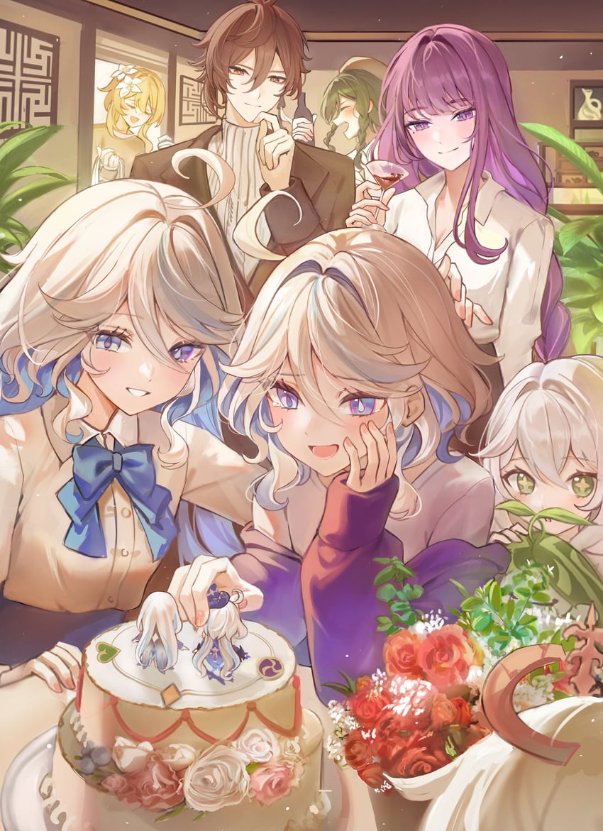 lumine, raiden shogun, furina, nahida, zhongli, and 4 more (genshin impact) drawn by dasha