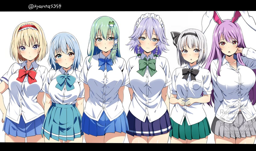 izayoi sakuya, kochiya sanae, konpaku youmu, alice margatroid, reisen udongein inaba, and 1 more (touhou) drawn by kyanta5354