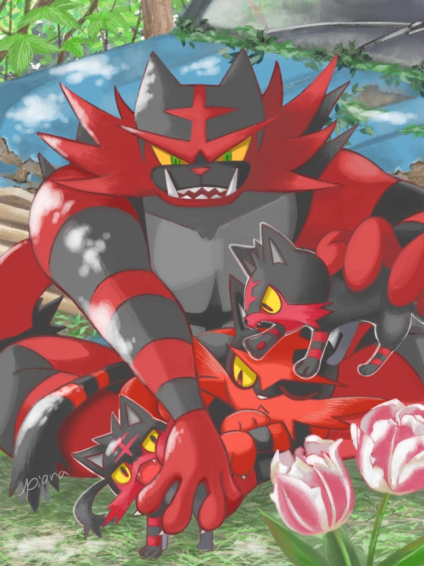 litten, incineroar, and torracat (pokemon) drawn by piora