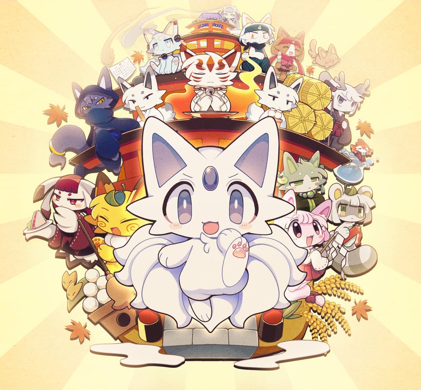 kohaku, gennou, chiharu, chabashira kintoki, izanari, and 7 more (makemon! and 1 more) drawn by bayachao