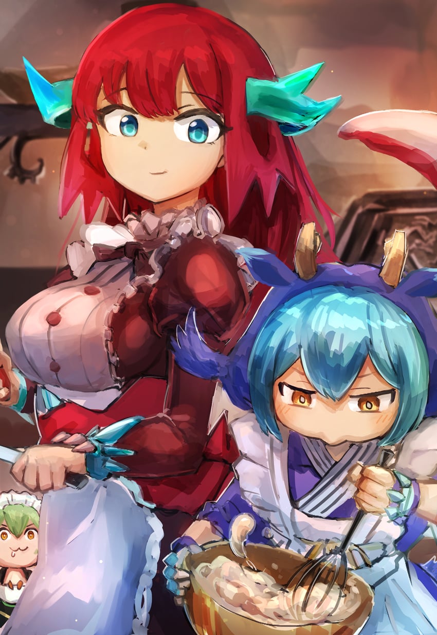 laundry dragonmaid, parlor dragonmaid, and kitchen dragonmaid (yu-gi-oh!) drawn by hatano_kiyoshi