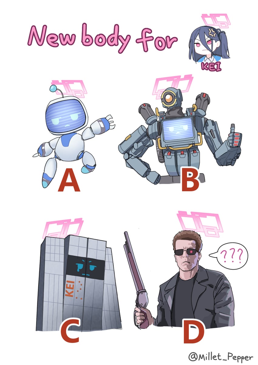 pathfinder, t-800, arnold schwarzenegger, kei, astro bot, and 1 more (blue archive and 5 more) drawn by millet_pepper