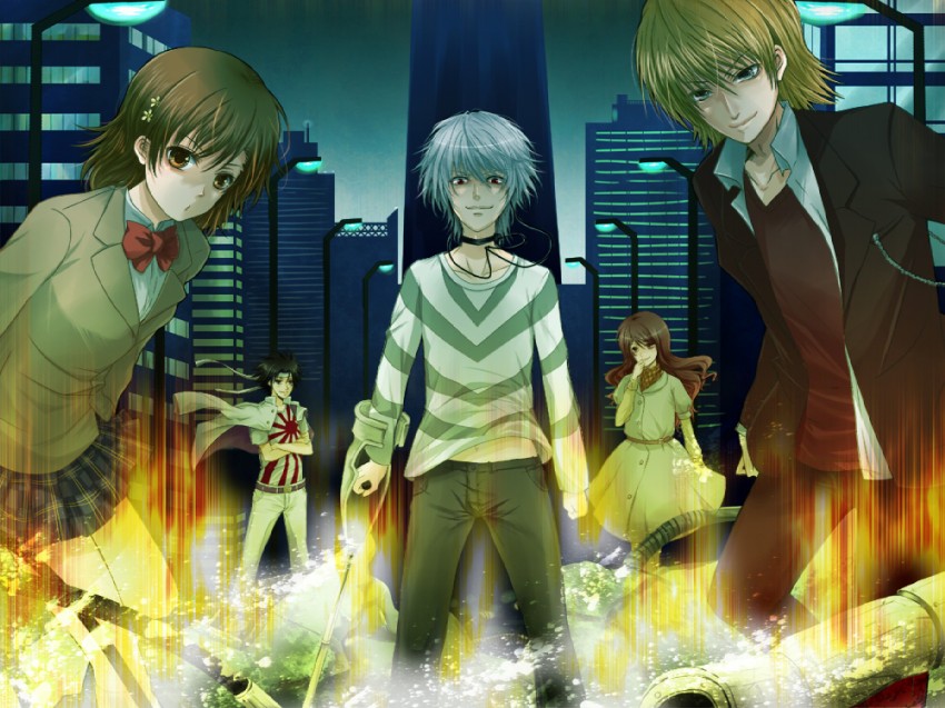 misaka mikoto, accelerator, mugino shizuri, kakine teitoku, and sogiita gunha (toaru majutsu no index) drawn by wolf025