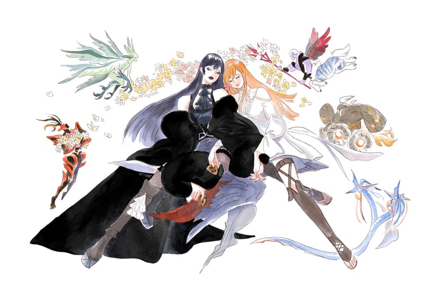 ryne waters, gaia, ifrit, garuda, leviathan, and 1 more (final fantasy and 1 more) drawn by hwei