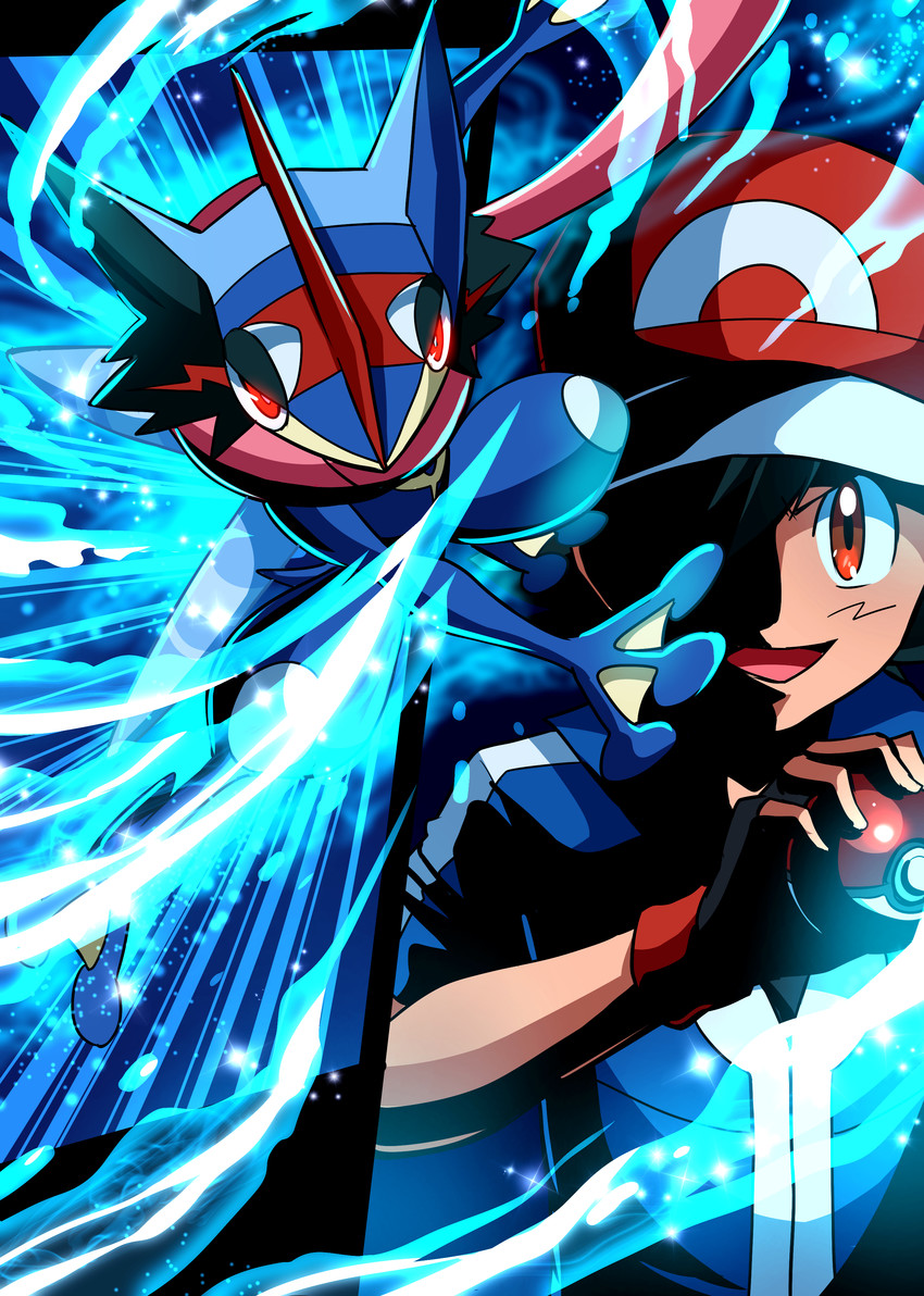 ash ketchum, greninja, and ash-greninja (pokemon) drawn by sharumon