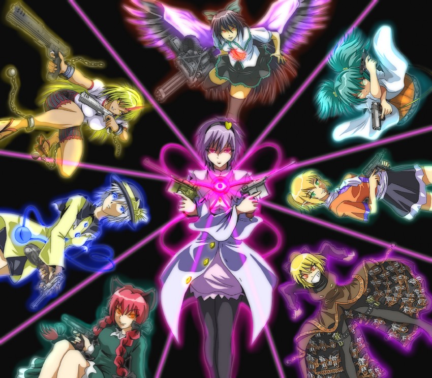 komeiji koishi, komeiji satori, kaenbyou rin, reiuji utsuho, mizuhashi parsee, and 3 more (touhou and 1 more) drawn by junkei