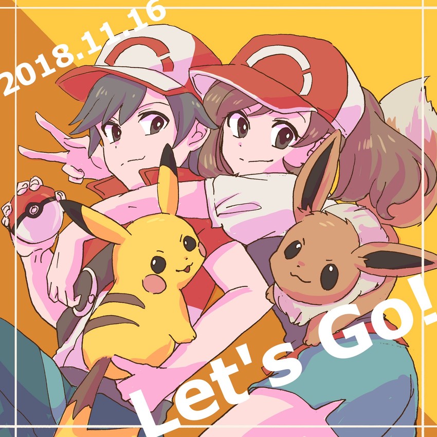pikachu, eevee, elaine, and chase (pokemon and 1 more) drawn by rokucha_(hk69tea)