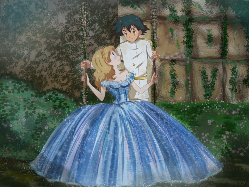ash ketchum, serena, cinderella, and prince charming (pokemon and 1 more) drawn by hikariangelove