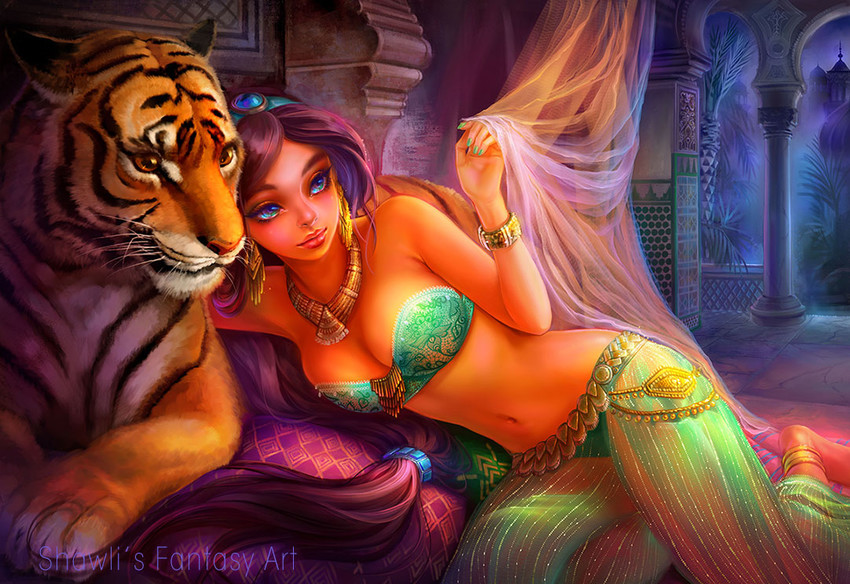 jasmine and rajah (aladdin) drawn by shawli