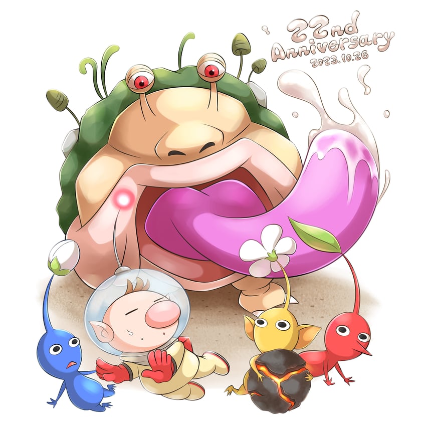 red pikmin, olimar, yellow pikmin, blue pikmin, and emperor bulblax (pikmin and 1 more) drawn by aogaeru_(pixiv46613656)
