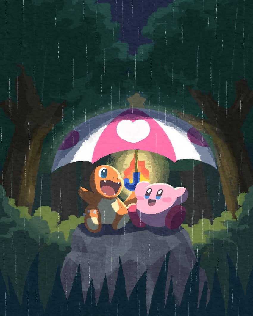kirby, charmander, and parasol kirby (pokemon and 1 more) drawn by miclot