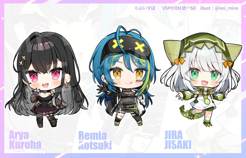 kuroha arya, aotsuki remia, and jisaki jira (vspo! and 1 more) drawn by noi_mine