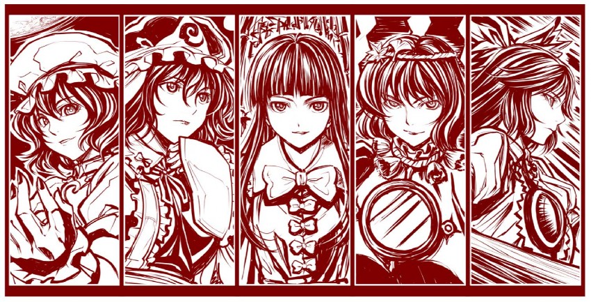 remilia scarlet, saigyouji yuyuko, reiuji utsuho, houraisan kaguya, and yasaka kanako (touhou) drawn by sakino_shingetsu