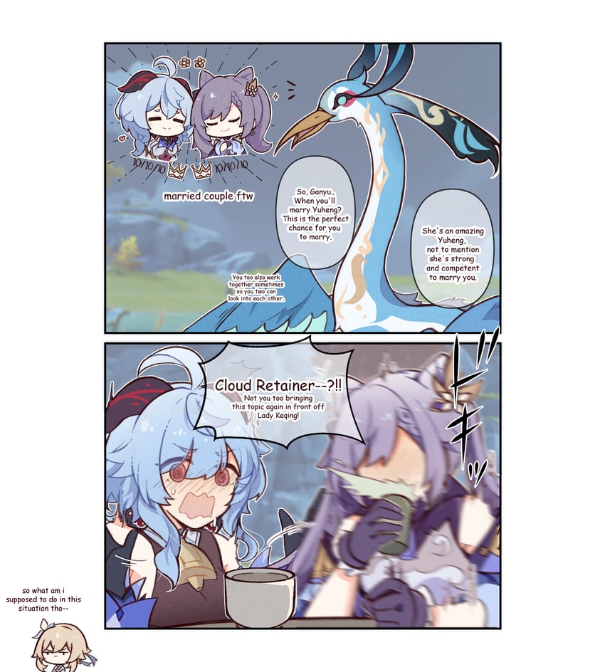ganyu, lumine, keqing, xianyun, and cloud retainer (genshin impact) drawn by cheschorv