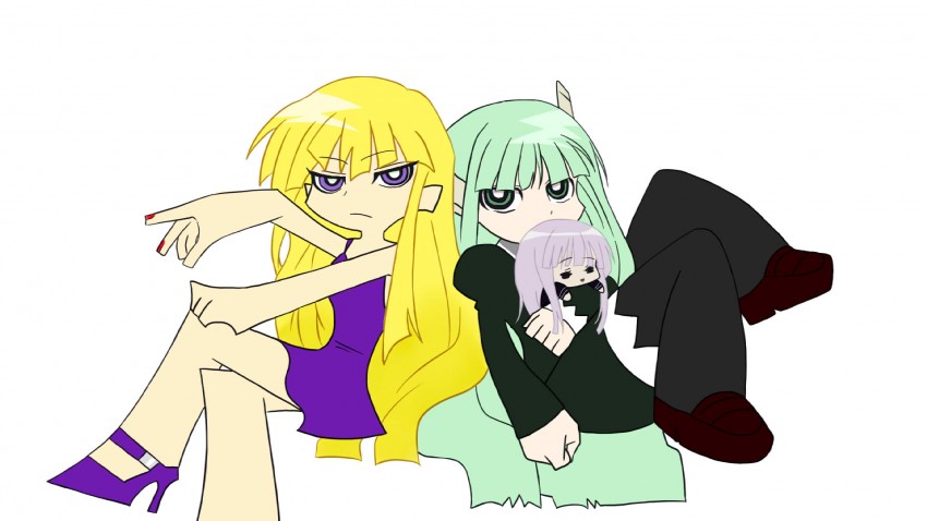 evangeline a.k. mcdowell, karakuri chachamaru, and aisaka sayo (panty & stocking with garterbelt and 1 more) drawn by soukuu_(pixiv2297010)