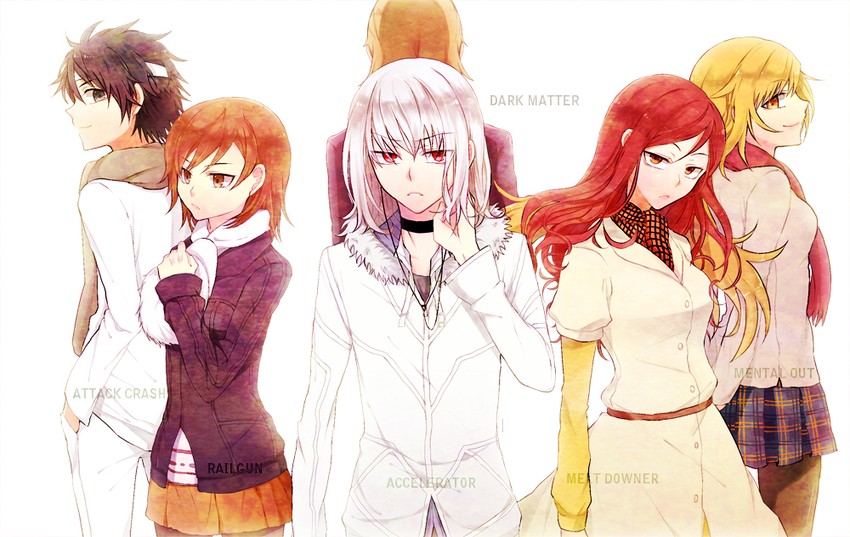 misaka mikoto, shokuhou misaki, accelerator, mugino shizuri, kakine teitoku, and 1 more (toaru majutsu no index and 1 more) drawn by gung