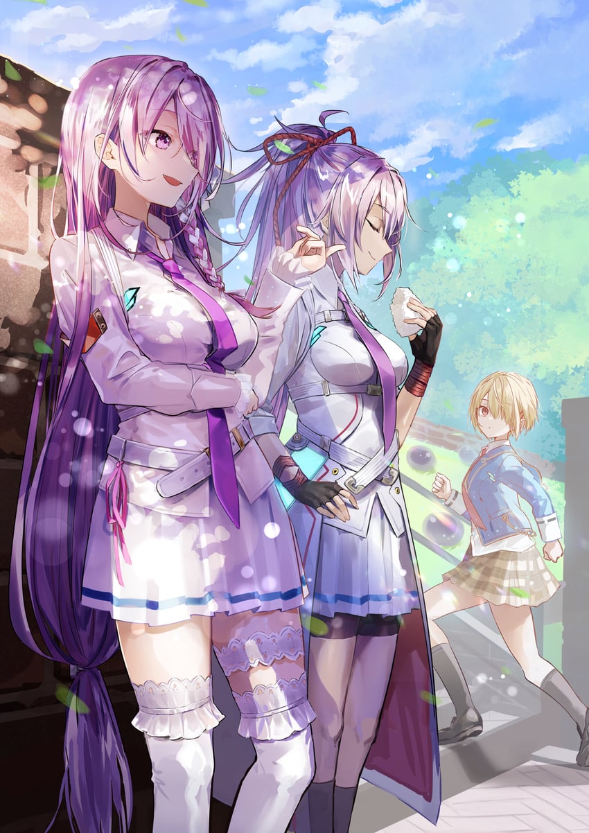 kayamori ruka, kura satomi, and tsukishiro monaka (heaven burns red) drawn by kaisake_(utp)
