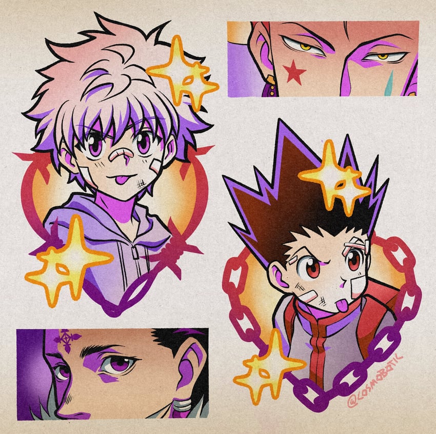 killua zoldyck, gon freecss, hisoka morow, and chrollo lucilfer (hunter x hunter) drawn by csmbtc