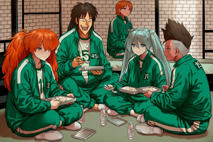 hatsune miku, souryuu asuka langley, nami, itou kaiji, and david martinez (vocaloid and 7 more) drawn by haraya_manawari