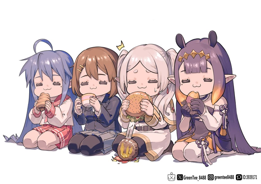 frieren, ninomae ina'nis, hirasawa yui, and izumi konata (hololive and 4 more) drawn by zetsuental