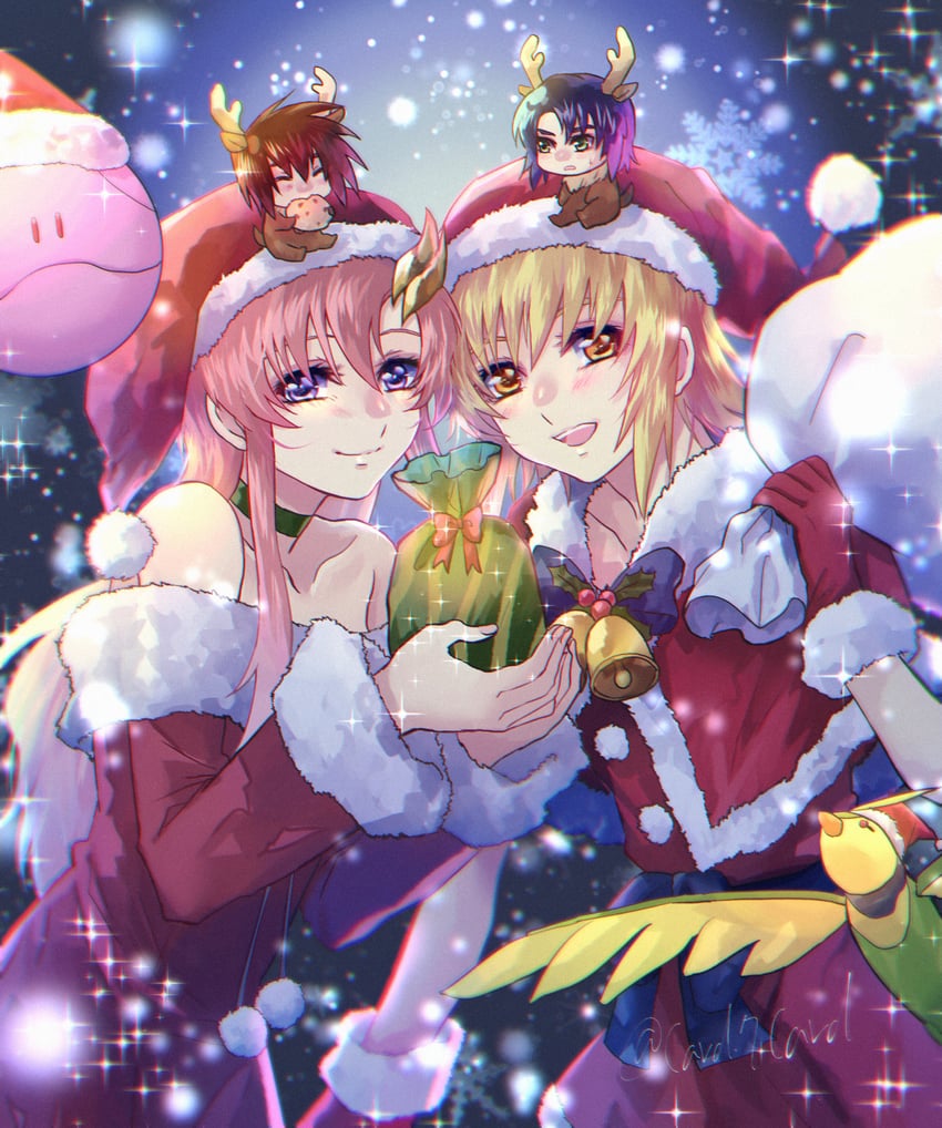 haro, cagalli yula athha, athrun zala, lacus clyne, kira yamato, and 1 more (gundam and 1 more) drawn by yuuka_seisen