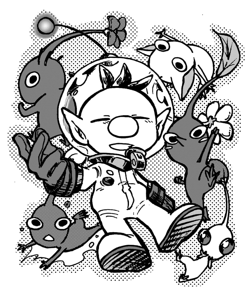 red pikmin, olimar, yellow pikmin, blue pikmin, purple pikmin, and 1 more (pikmin) drawn by taichohanuma