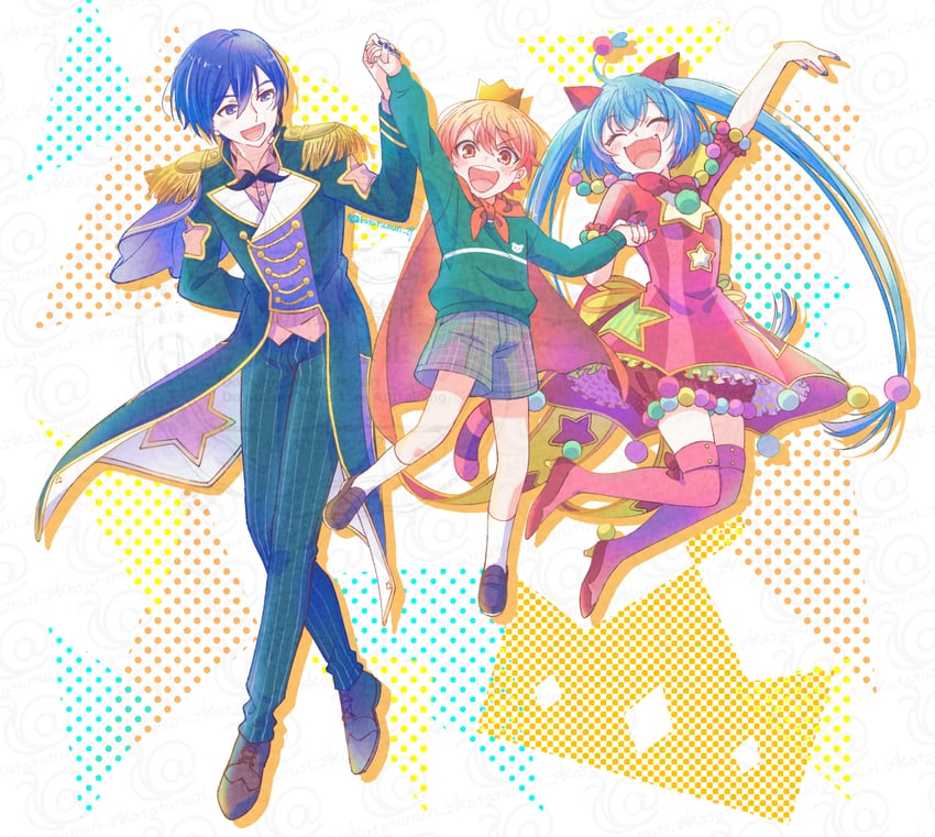 hatsune miku, kaito, tenma tsukasa, wonderlands x showtime miku, and wonderlands x showtime kaito (vocaloid and 1 more) drawn by katatumuri_29