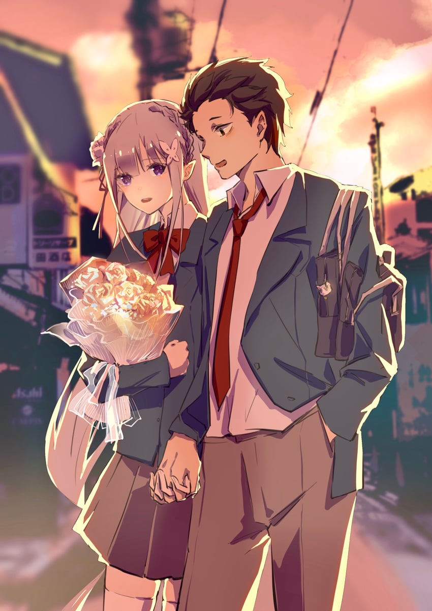 emilia, natsuki subaru, and puck (re:zero kara hajimeru isekai seikatsu) drawn by jiu_wen_daqian