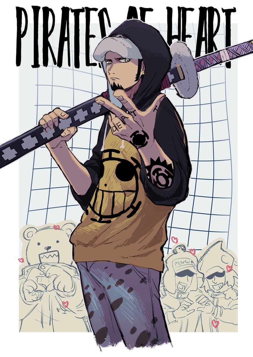 trafalgar law, bepo, penguin, and shachi (one piece) drawn by chikiso