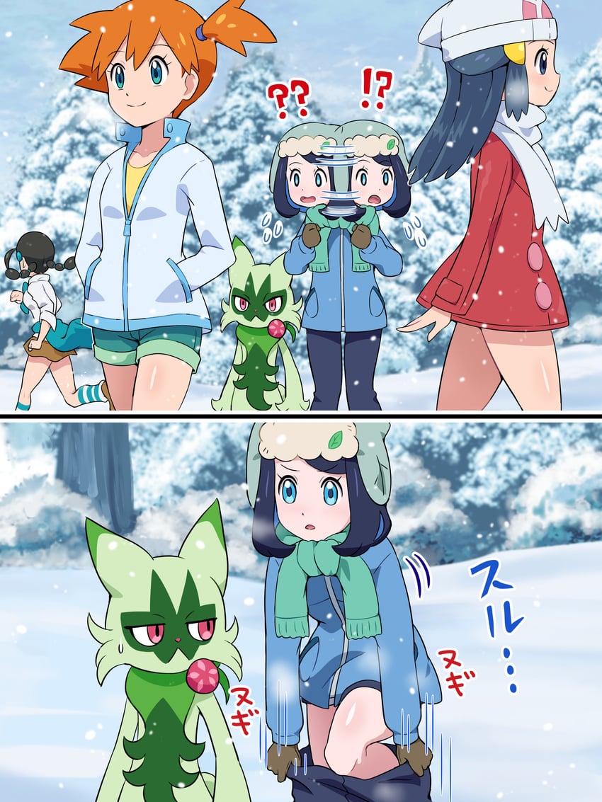 dawn, misty, liko, candice, and floragato (pokemon and 3 more) drawn by pokemoa