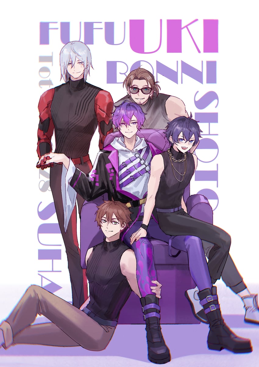 shoto, uki violeta, fulgur ovid, min suha, and bonnivier pranaja (nijisanji and 4 more) drawn by tinyorange_tea