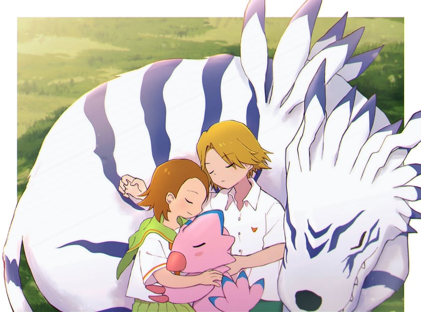 takenouchi sora, ishida yamato, piyomon, and garurumon (digimon and 1 more) drawn by akrud885