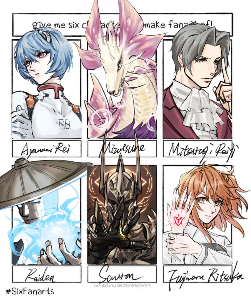 fujimaru ritsuka, ayanami rei, miles edgeworth, mizutsune, sauron, and 2 more (fate and 7 more) drawn by kurokawa_karasu