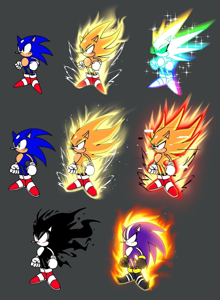 sonic the hedgehog, super sonic, super sonic 2, hyper sonic, dark sonic, and 1 more (sonic and 5 more) drawn by maxoke