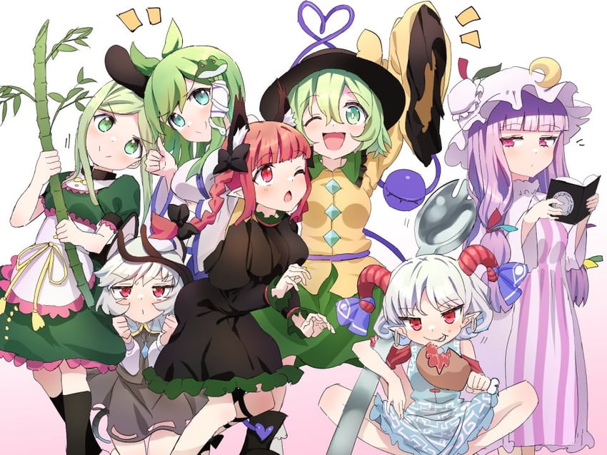 komeiji koishi, kochiya sanae, patchouli knowledge, kaenbyou rin, nazrin, and 2 more (touhou) drawn by polpol