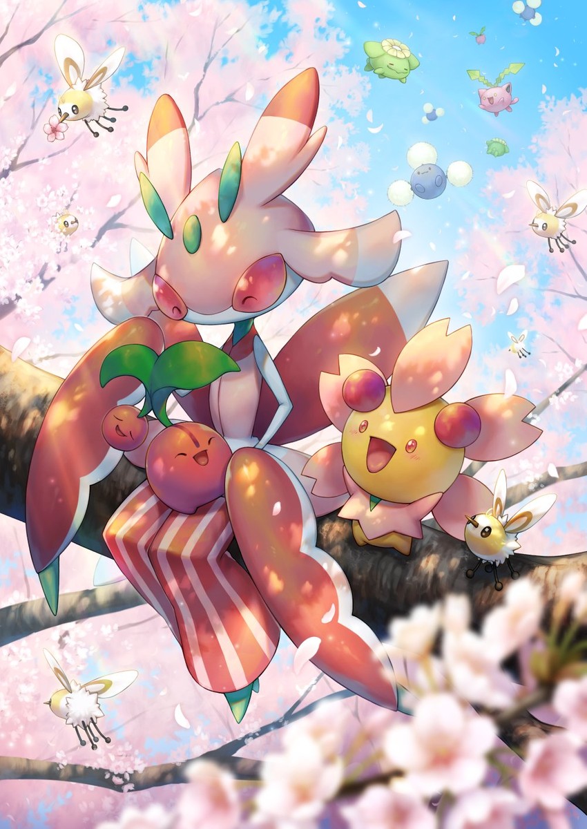 hoppip, cutiefly, jumpluff, lurantis, skiploom, and 2 more (pokemon) drawn by kemonomichi_(blue_black)