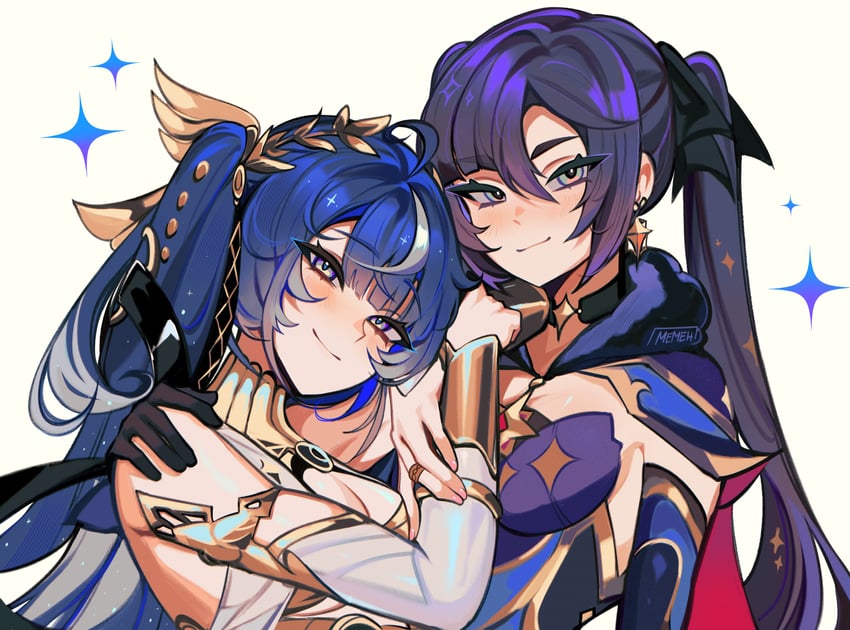 mona and iuno (genshin impact and 1 more) drawn by memeh
