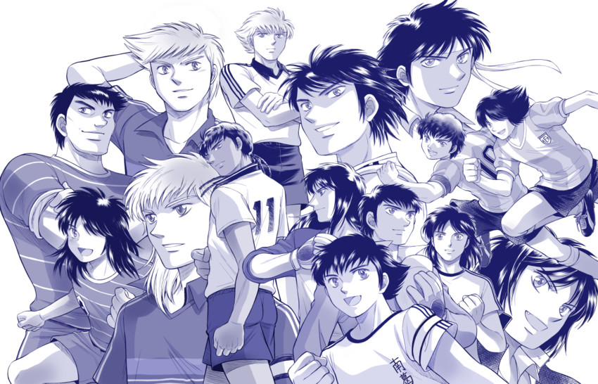 oozora tsubasa, hyuuga kojirou, wakashimazu ken, wakabayashi genzou, izawa mamoru, and 10 more (captain tsubasa) drawn by aoizawa_natsuki