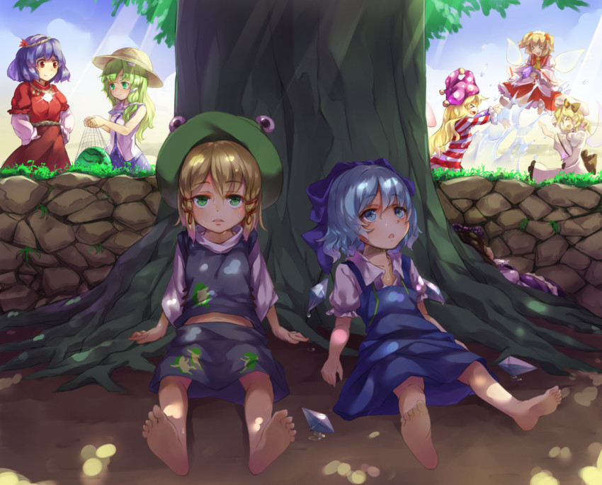 kochiya sanae, cirno, moriya suwako, yasaka kanako, clownpiece, and 4 more (touhou) drawn by piyodesu