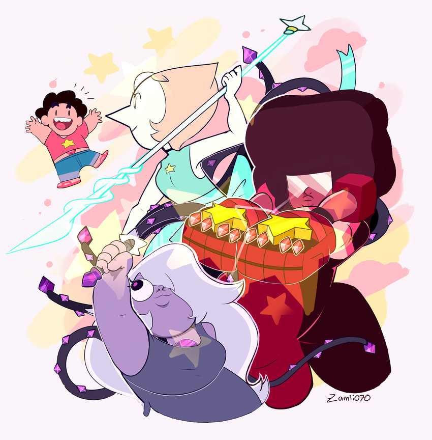 pearl, steven quartz universe, amethyst, and garnet (steven universe) drawn by zamiiz