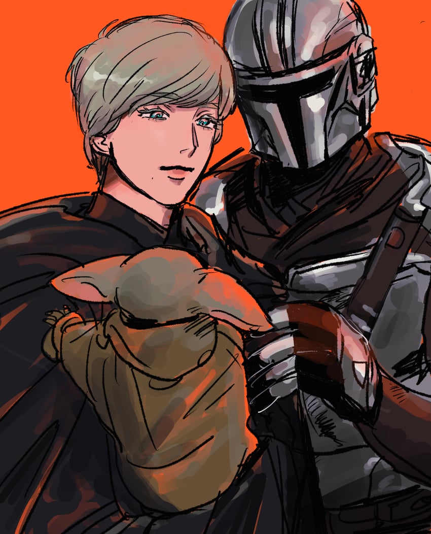 luke skywalker, grogu, and din djarin (star wars and 1 more) drawn by urako_(iamurako)