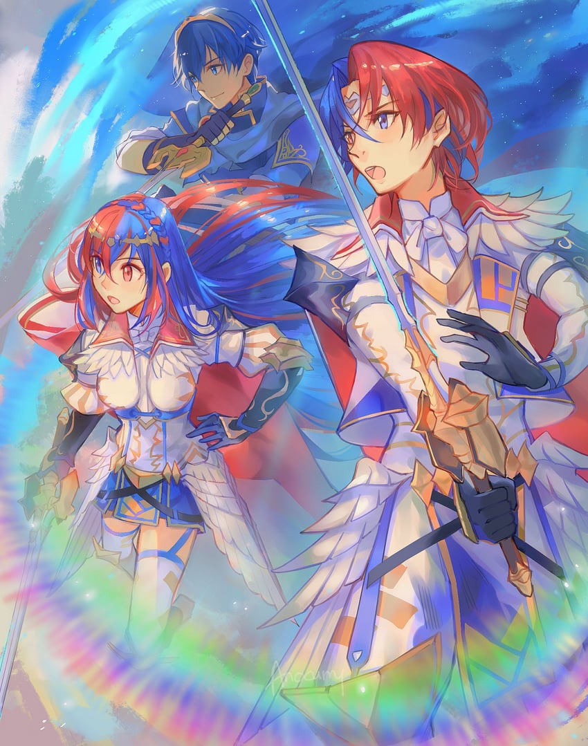 male alear, marth, and female alear (fire emblem and 2 more) drawn by anocurry