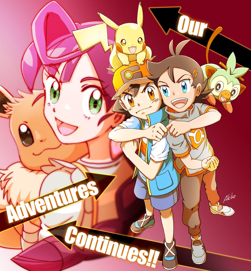 pikachu, ash ketchum, eevee, grookey, goh, and 1 more (pokemon and 1 more) drawn by pikasato_akiko