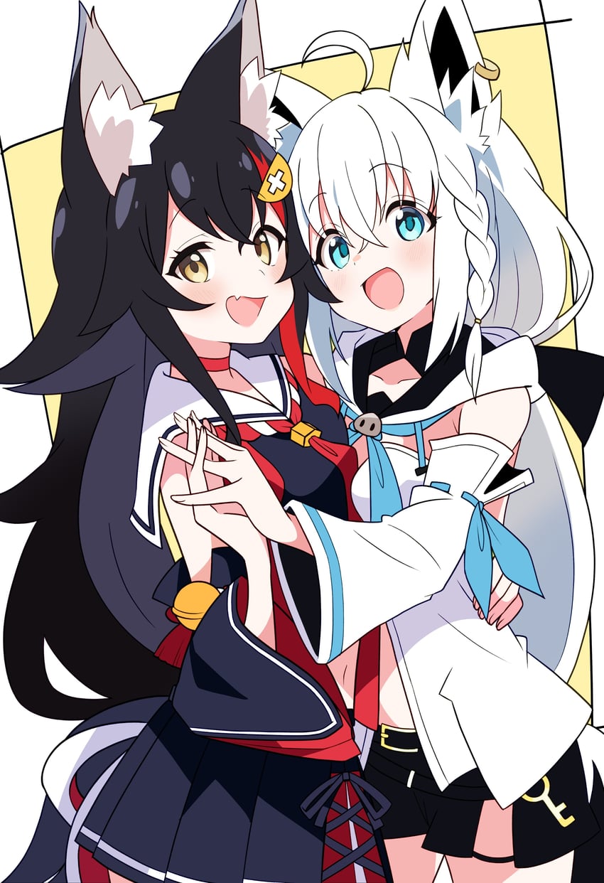 shirakami fubuki and ookami mio (hololive) drawn by hutaba_haru