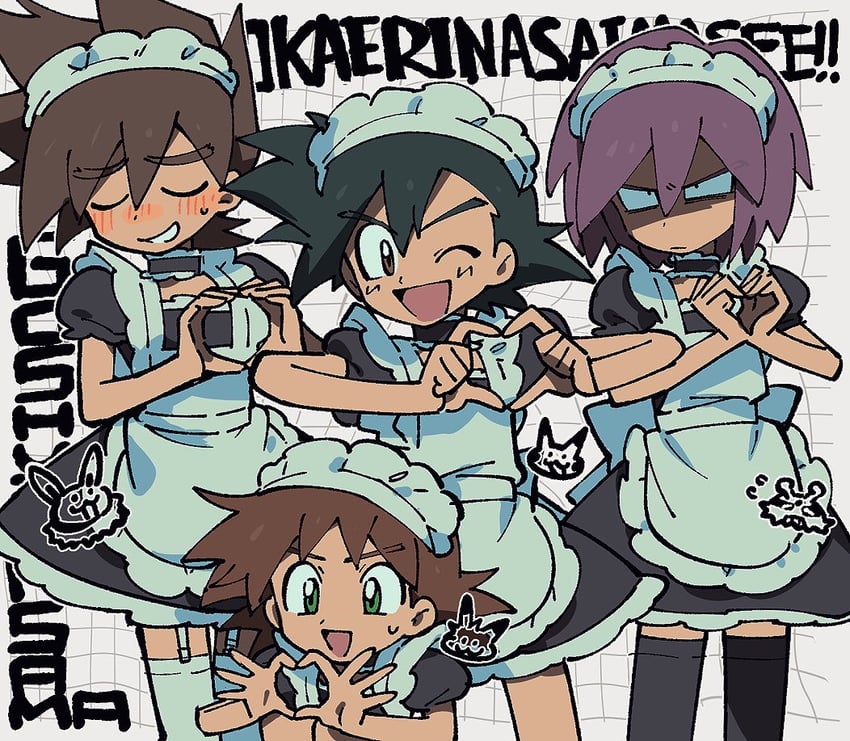 pikachu, ash ketchum, eevee, gary oak, paul, and 2 more (pokemon and 1 more) drawn by sameyama_jiro