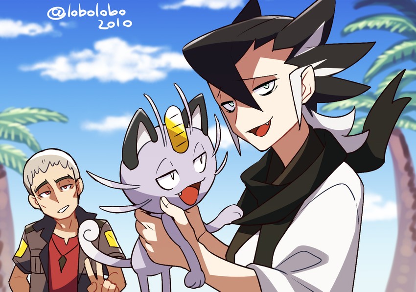 grimsley, nanu, and alolan meowth (pokemon and 1 more) drawn by momoji_(lobolobo2010)