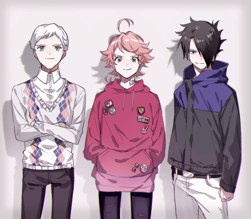 emma, norman, and ray (yakusoku no neverland) drawn by maniwa