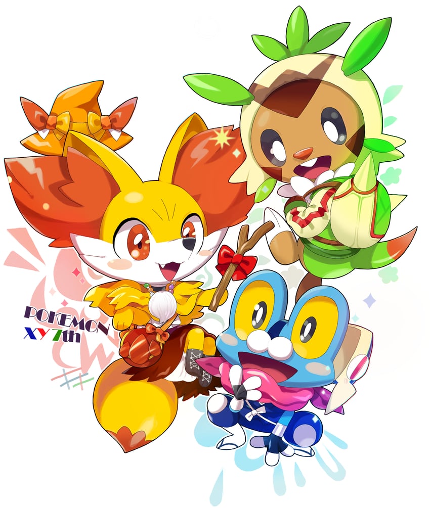 fennekin, greninja, chespin, froakie, delphox, and 1 more (pokemon and 1 more) drawn by kiki_(431642)