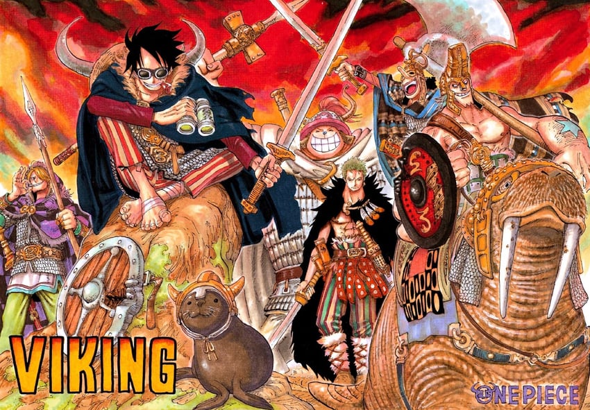 monkey d. luffy, roronoa zoro, sanji, tony tony chopper, usopp, and 1 more (one piece) drawn by oda_eiichirou